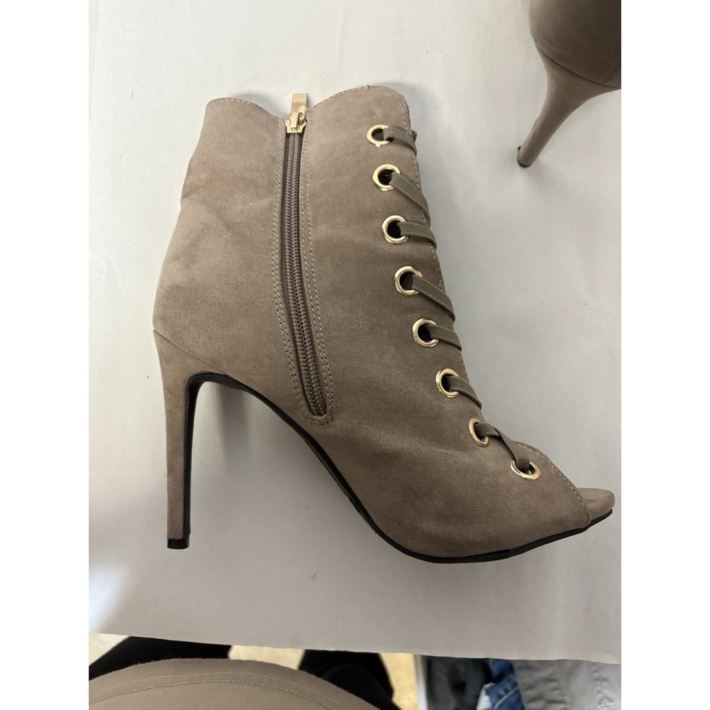 Anne Michelle Taupe Peep Toe Lace-Up Stiletto Booties Heels Size 7 (37)